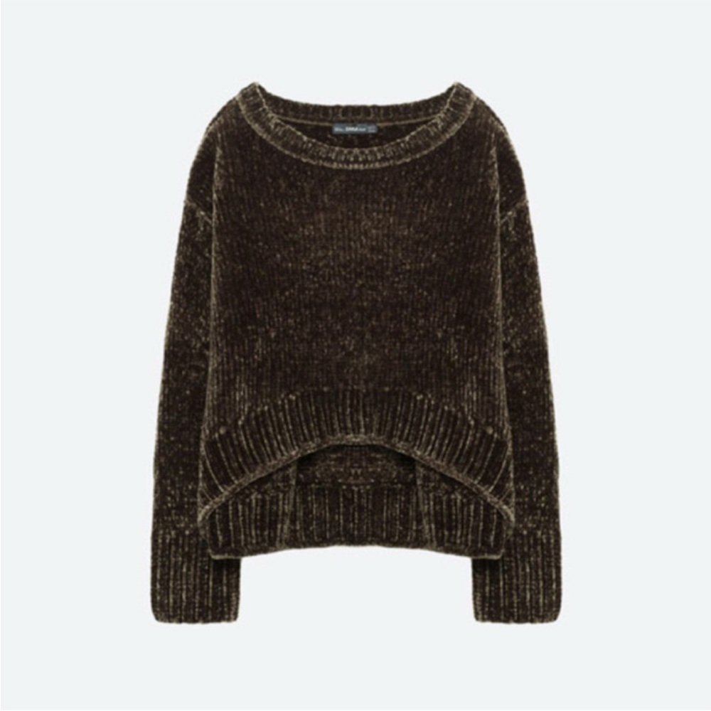 Zara Cropped olive brown chenille oversized wide crew neck sweater M